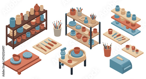 Isometric pottery studio tools and ceramics supplies in pastel colors