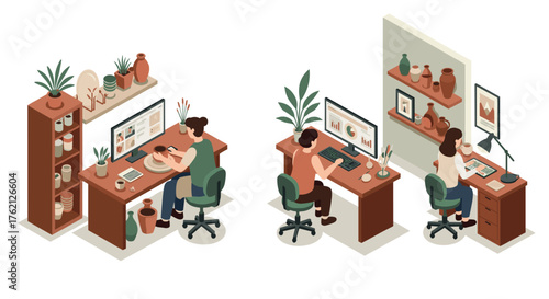 Cozy home office spaces with artists and designers in a modern work environment