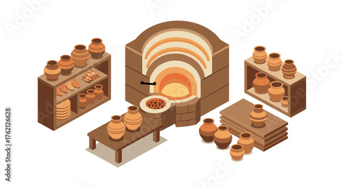 Isometric pottery workshop with kiln and shelves of ceramic vessels