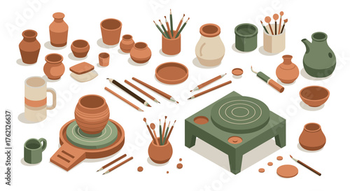 Isometric pottery and craft tools with earthy tones