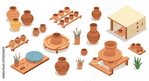 Handmade pottery workshop isometric collection with ceramics and tools