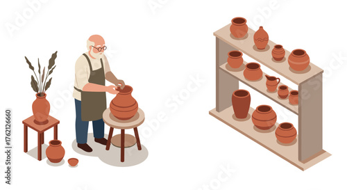 Isometric pottery workshop scene with craftsman creating clay vases and pots