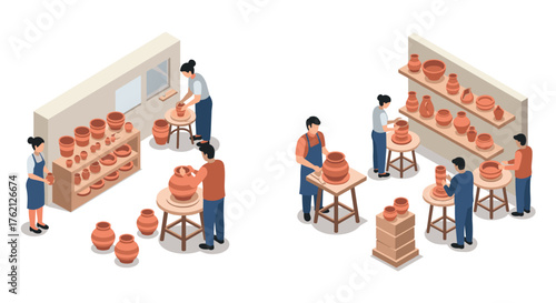 Isometric pottery workshop scene with artists crafting and displaying ceramic pieces