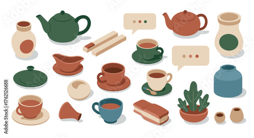 Modern flat style tea set with teapots, cups, and accessories for a cozy afternoon