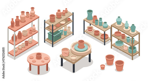 Isometric pottery studio shelves with clay vases and tools in a minimalist setting