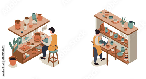 Isometric pottery studio with artisans crafting ceramics and using laptops