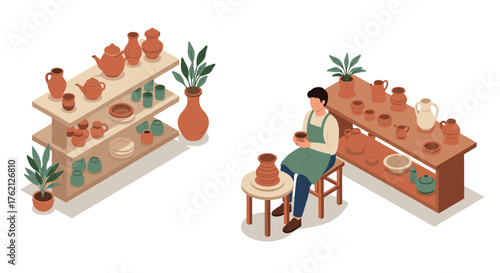 Isometric ceramic workshop scene with artist and pottery display