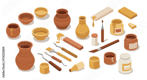 Ceramic crafting tools and pottery elements in isometric arrangement