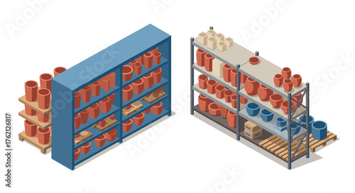 Industrial storage shelving with pipes and parts in isometric design