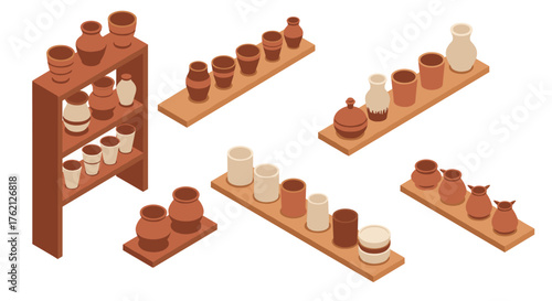 Isometric clay pottery collection on shelves in earthy tones