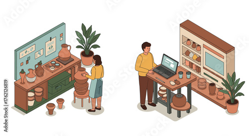 Isometric pottery workshop scene with people crafting and designing in cozy studio