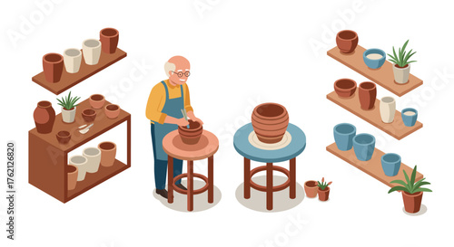 Elderly potter crafting in a workshop with ceramics in an isometric style