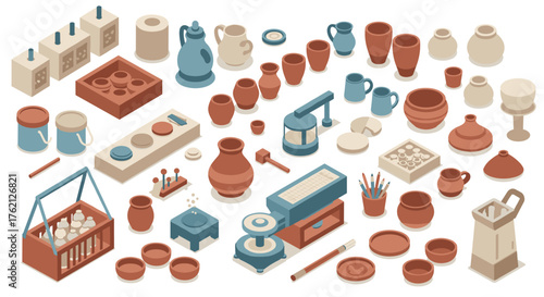 Isometric pottery workshop with tools and finished ceramic pieces in earth tones