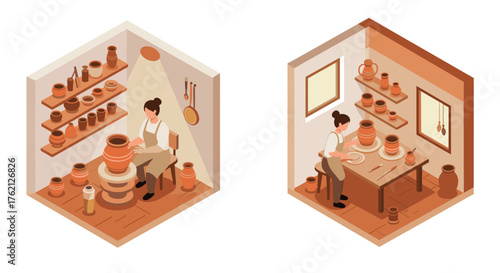 Crafting pottery in a cozy clay studio isometric art depiction of a traditional pottery workspace