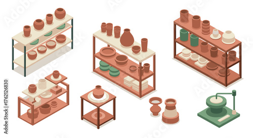 Isometric pottery display with vases, bowls, and ceramics on shelves