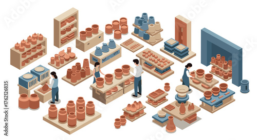 Isometric workshop with pottery shelves and artisans creating clay vases and bowls
