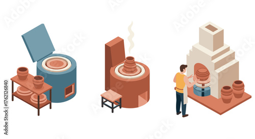 Isometric pottery kiln crafting scene with artisan and clay pots
