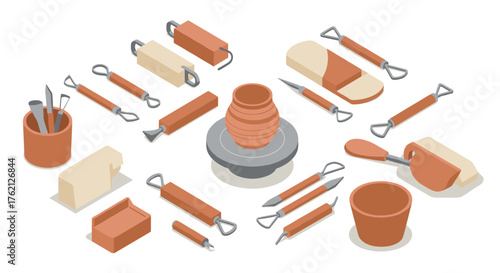 Isometric pottery tools with clay vase on wheel a comprehensive ceramic craft set
