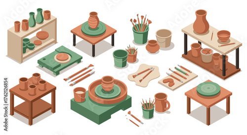 Pottery crafting workshop elements in isometric design with tools and pottery pieces