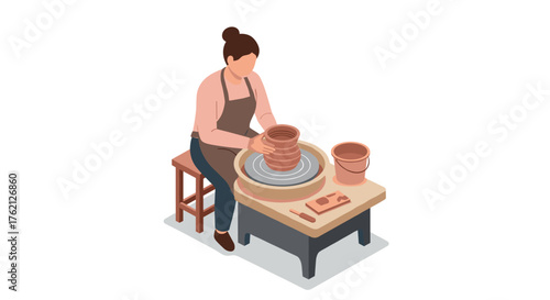 Isometric pottery artist shaping clay at wheel in studio workspace