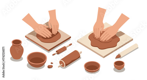 Isometric pottery crafting with tools and clay hands creating art