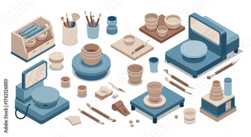 Isometric pottery studio tools and equipment in soft pastel colors