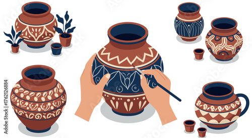 Colorful handcrafted pottery and folk art pattern decoration