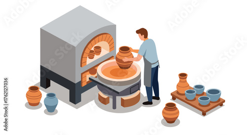 Ceramic pottery crafting scene with potter and kiln in isometric style