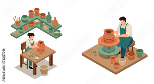 Crafting pottery isometric art of potters at work in a studio setting