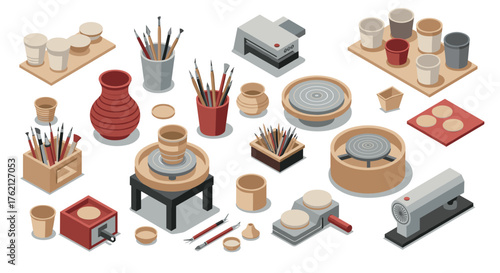 Isometric pottery tools and equipment set modeling and crafting essentials