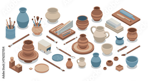 Ceramic pottery workshop in isometric style featuring pottery tools and vases