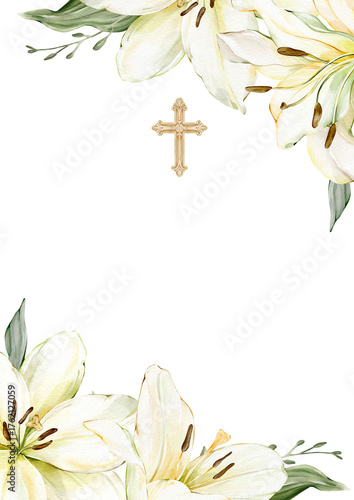 Corner floral frame with white lilies and Christian cross. Watercolor isolated template for Easter design, Epiphany, Christening, first communion, baptism, wedding, memorial cards, invitations.