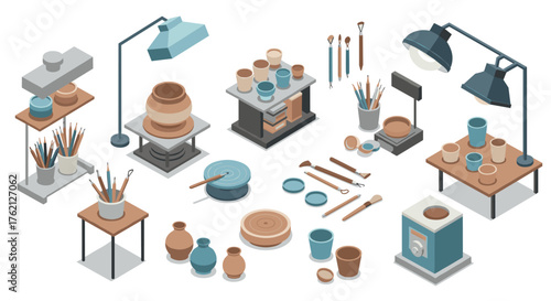 Isometric ceramic pottery studio with tools and pottery wheels in modern workspace