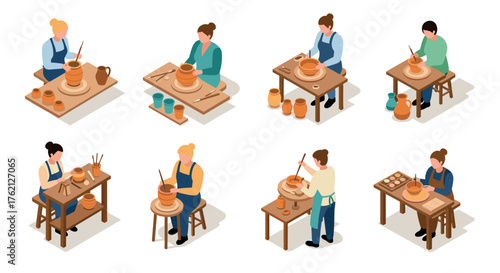 Isometric pottery crafting artists at work with clay on potter's wheel