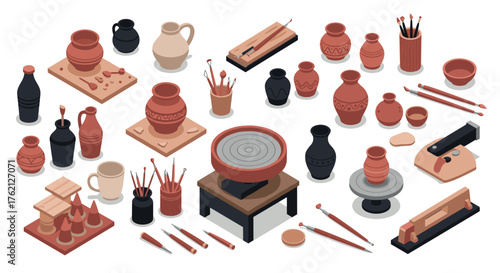 Isometric ceramic pottery tools and crafts with earth tones on white background