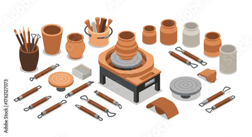 Pottery tools and equipment set in isometric style with pottery wheel and clay vases
