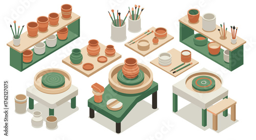 Isometric pottery studio setup with ceramic tools and clay vases