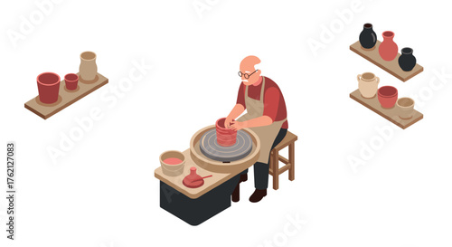 Isometric ceramic workshop elderly man crafting pottery with a pottery wheel