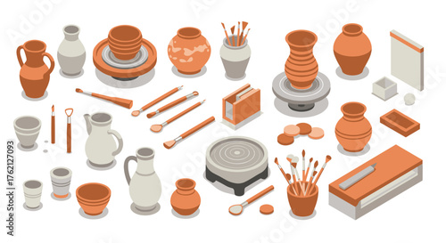 Isometric pottery studio with clay tools and ceramic vases in earth tones
