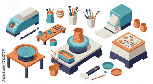 Modern pottery studio isometric art with tools and equipment in flat design
