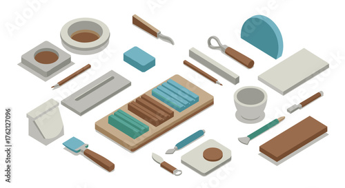 Isometric clay modeling tools on white background for creative projects