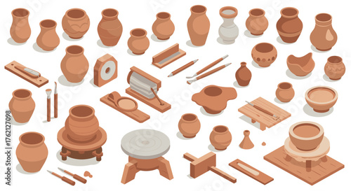 Ceramic pottery tools and vases in isometric clay art studio