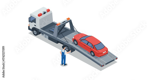 Flat isometric car towing scene with tow truck and driver interaction
