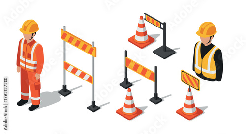 Isometric construction safety elements with workman and traffic cones