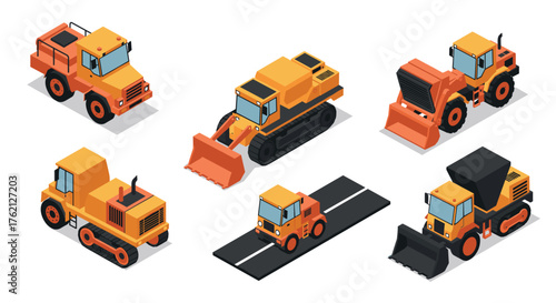 Isometric construction vehicles set bulldozers, dump trucks, and excavators in orange