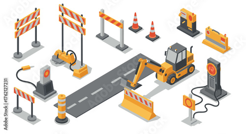Construction site elements with roadblock and excavator in isometric style