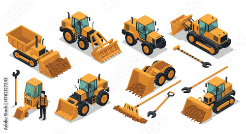 Isometric construction machinery set featuring excavators and bulldozers for heavy duty projects