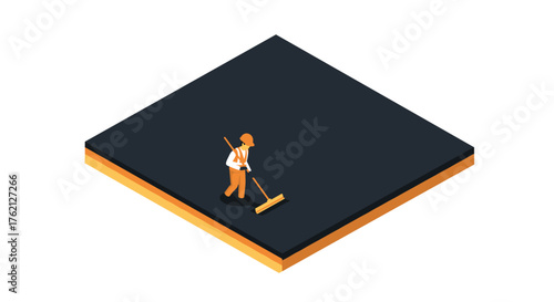Isometric road construction with worker in safety gear on asphalt pavement