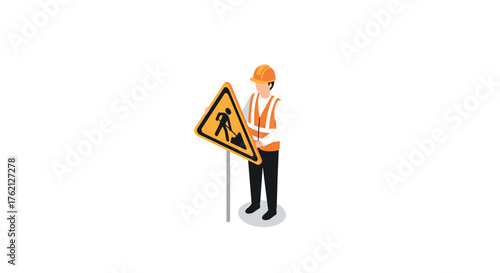 Construction worker in helmet placing road work sign in isometric style
