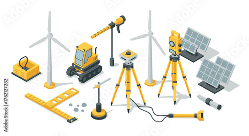 Isometric renewable energy and geodetic equipment set with turbine and solar panels